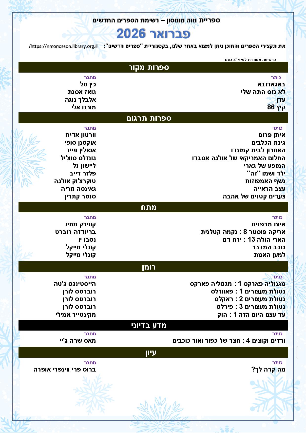 רשימת הספרים החדשים – פברואר 2026